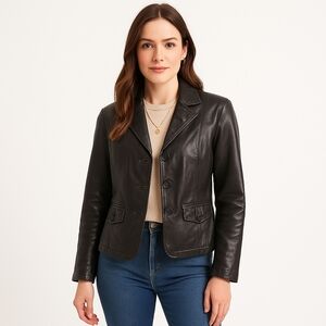 Boston Harbour Genuine Leather Blazer Jacket Women’s L Black Button Up